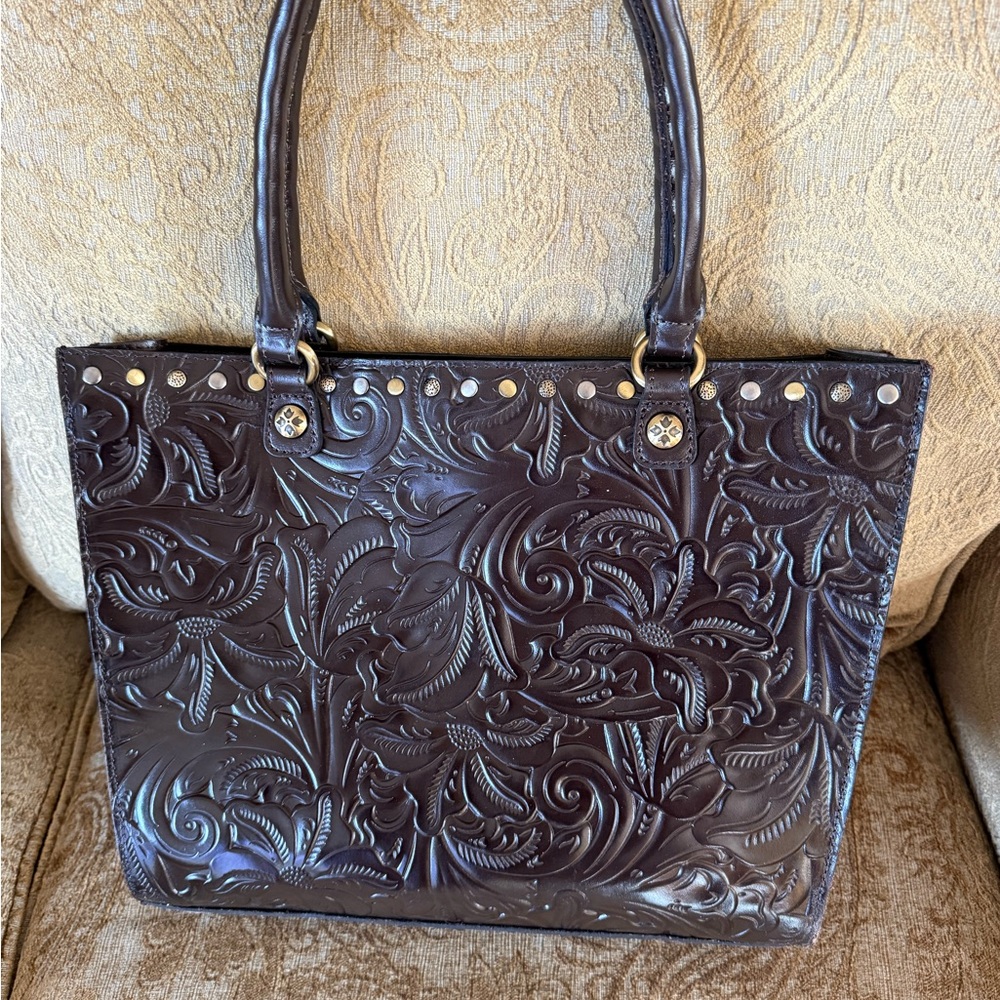 Patricia Nash Dark Brown Embossed Leather Shoulder Bag